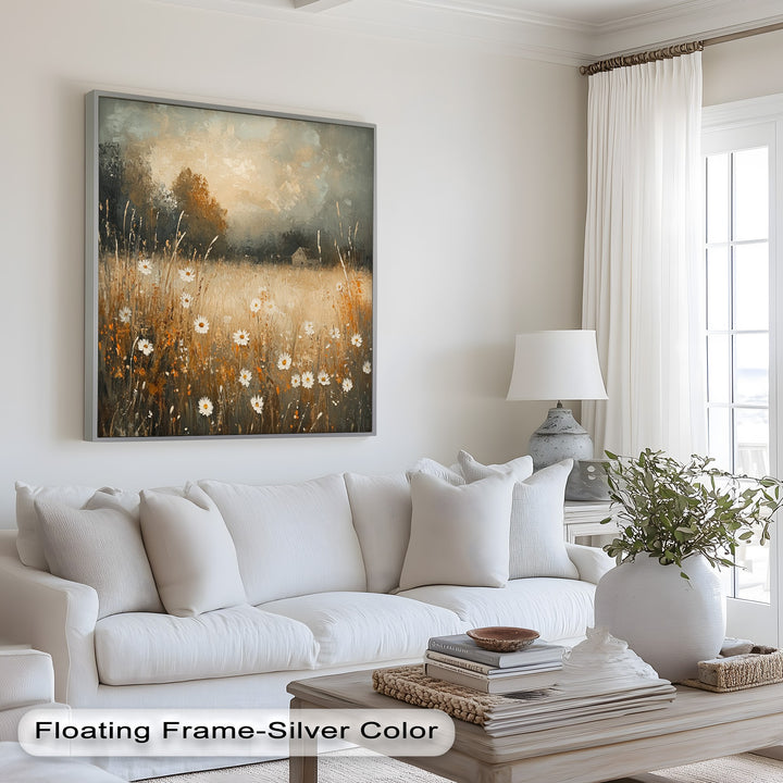 Pastoral landscape painting – golden field with wild daisies and cottage.
