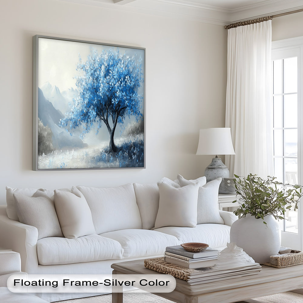 Mystical alpine tree with shimmering blue foliage.
