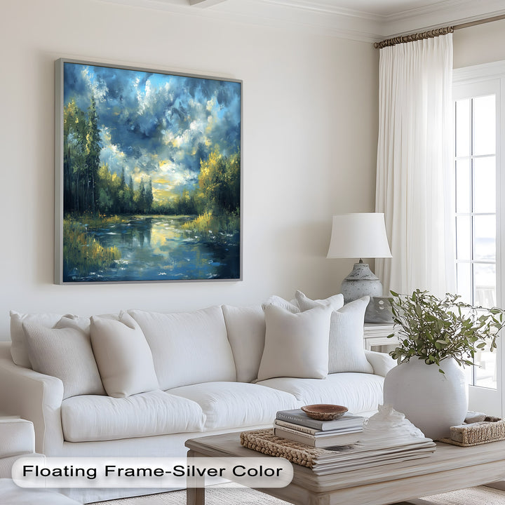 Moody landscape painting featuring river, trees, and vivid skies.
