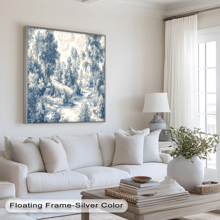 Charming blue pastoral painting with intricate forest detailing.
