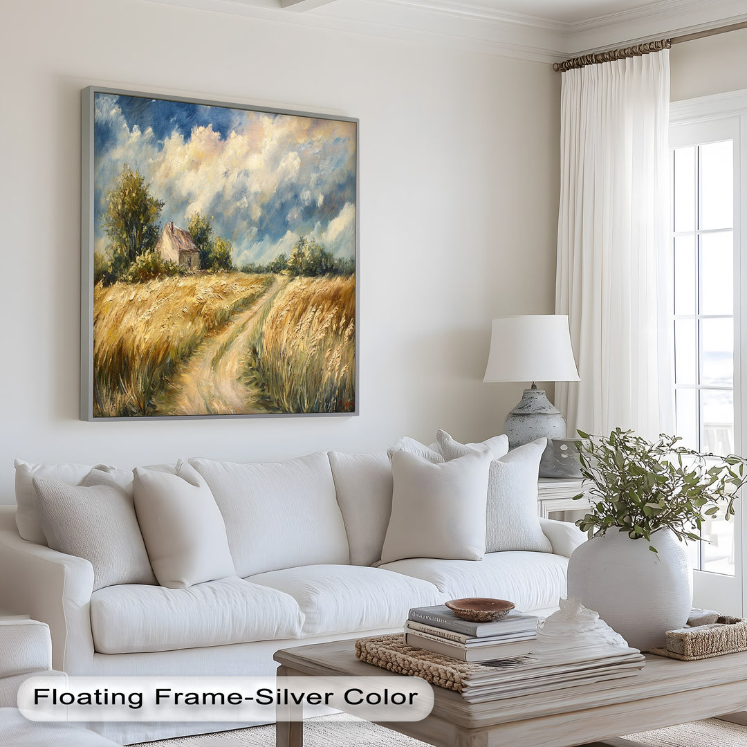Pastoral landscape painting with farmhouse under sweeping clouds.
