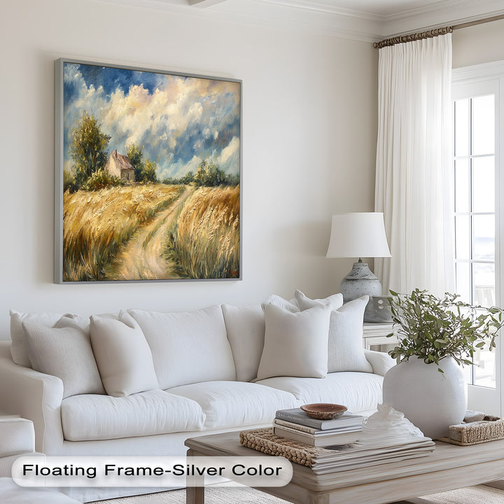 Pastoral landscape painting with farmhouse under sweeping clouds.
