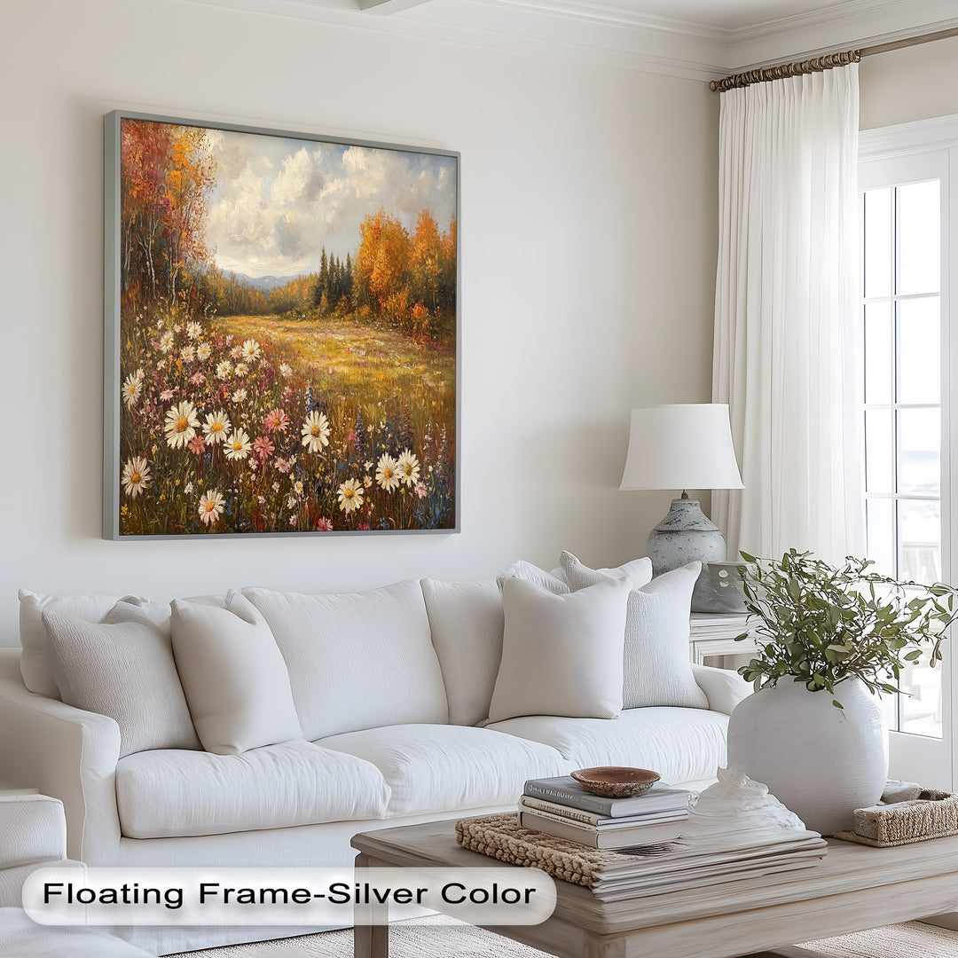 Blooming field wall art with colorful flowers and forest view.
