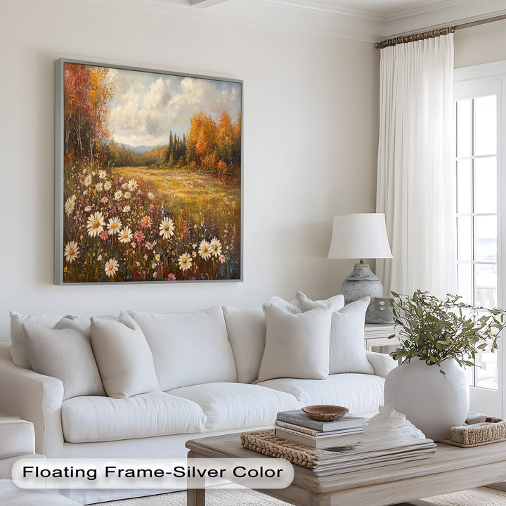 Blooming field wall art with colorful flowers and forest view.
