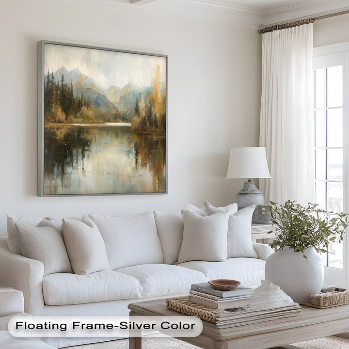 Golden autumn trees and tranquil lake in mountain-inspired wall art.
