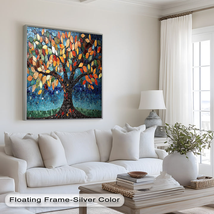 Bold glass mosaic tree artwork set against a vivid blue backdrop.
