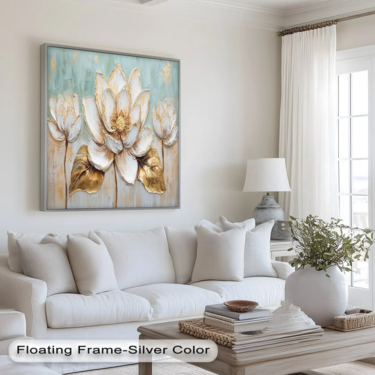 Subtle light and shadow play enhances the sculpted petals of the golden bloom lotus in this beautiful oil painting artwork, creating depth and texture.