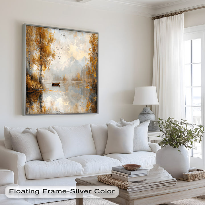 A breathtaking autumnal composition blends impressionistic textures with realistic elements, creating a mesmerizing lakeside retreat where nature's beauty is perfectly reflected in the water.