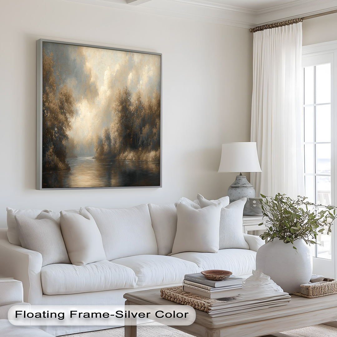 Golden-hued forest reflection painting with gentle rippling water.
