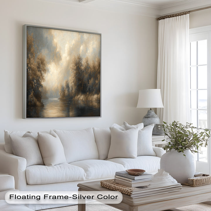 Golden-hued forest reflection painting with gentle rippling water.
