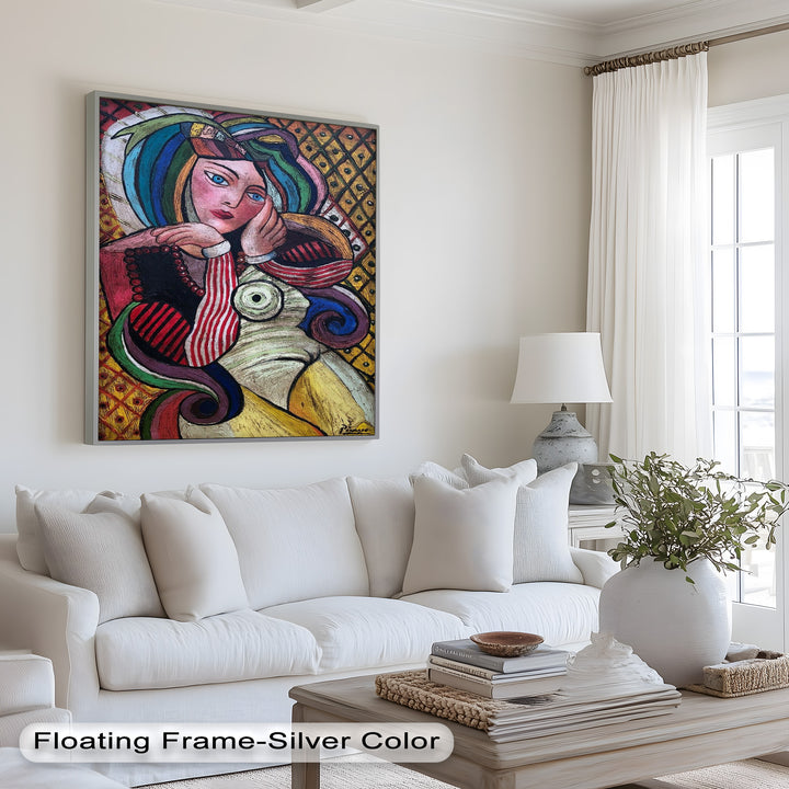 Melancholy in Stripes – Colorful Cubist Woman Portrait Picasso Oil Painting