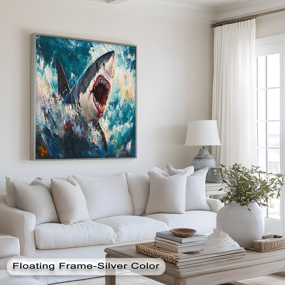 Ferocious Shark Emerging from Turbulent Waters – Animal Oil Painting