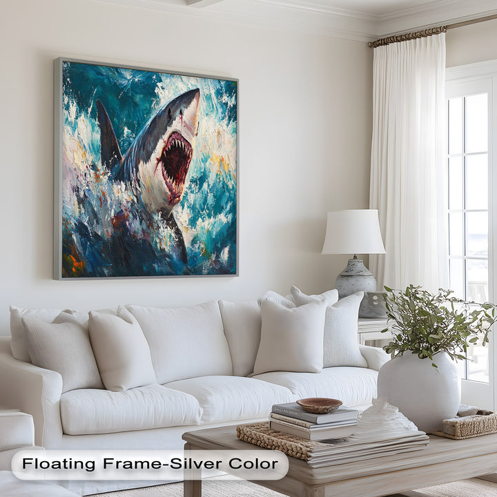 Ferocious Shark Emerging from Turbulent Waters – Animal Oil Painting