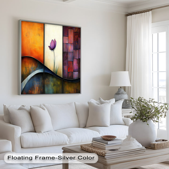 Contemporary triptych painting featuring a violet flower and warm color blocks.
