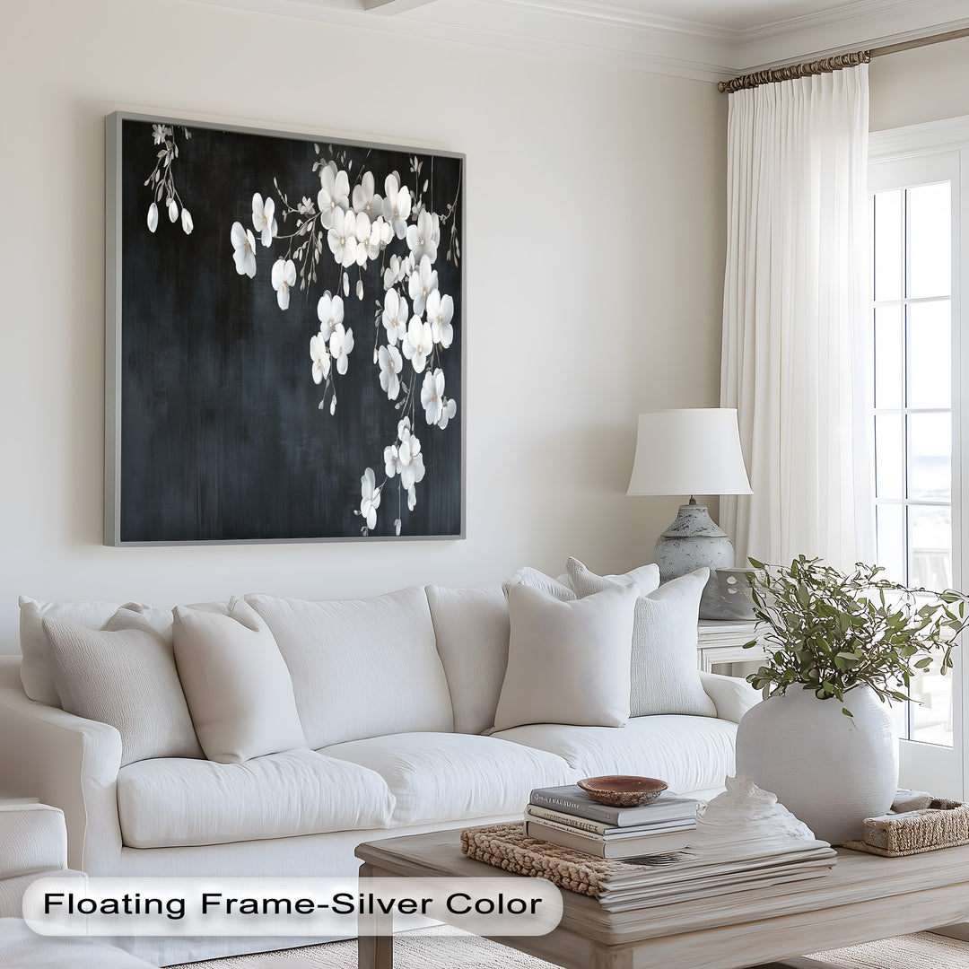 White Cherry Flowers on Midnight Blue - Flower Oil Painting