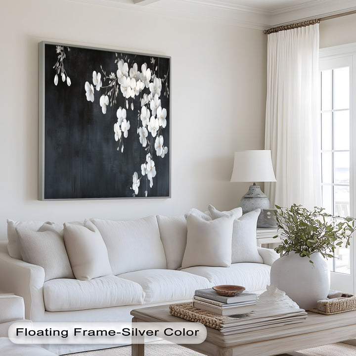 White Cherry Flowers on Midnight Blue - Flower Oil Painting