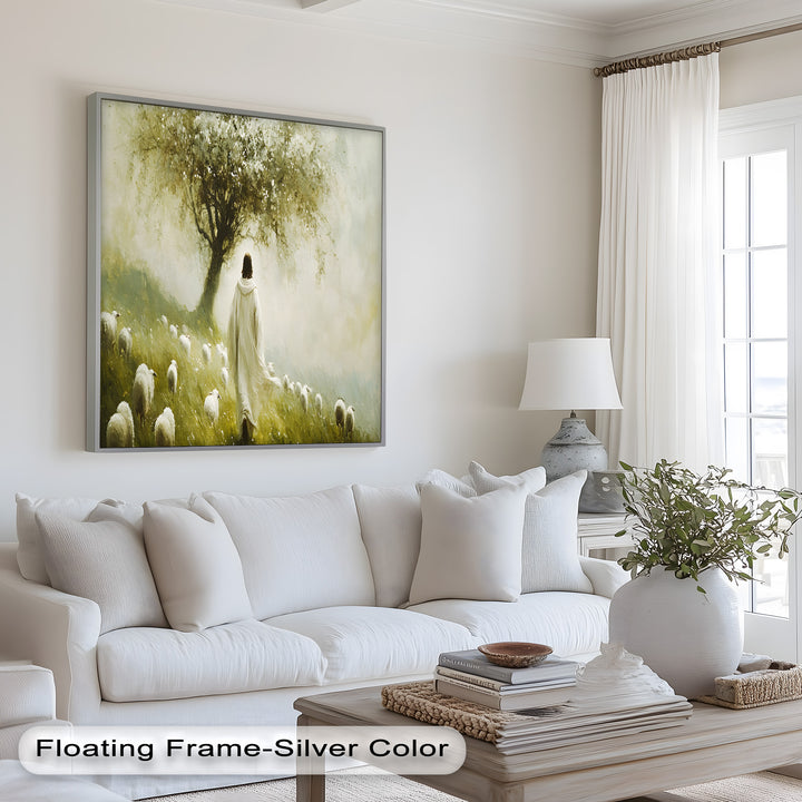 A captivating work of art infused with warmth and spirituality, showcasing a tranquil countryside where a lone figure in flowing robes walks gracefully amidst a gathering of sheep.
