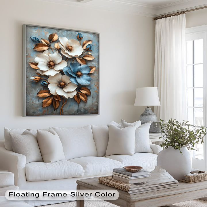 Gilded Petals – Luxuriöses Ölgemälde mit weißen und blauen Blumen