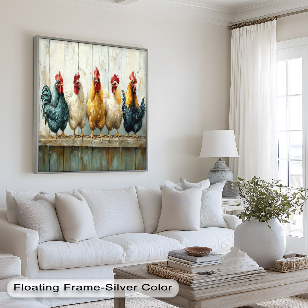 Colorful Roosters on a Wooden Fence – Animal Oil Painting