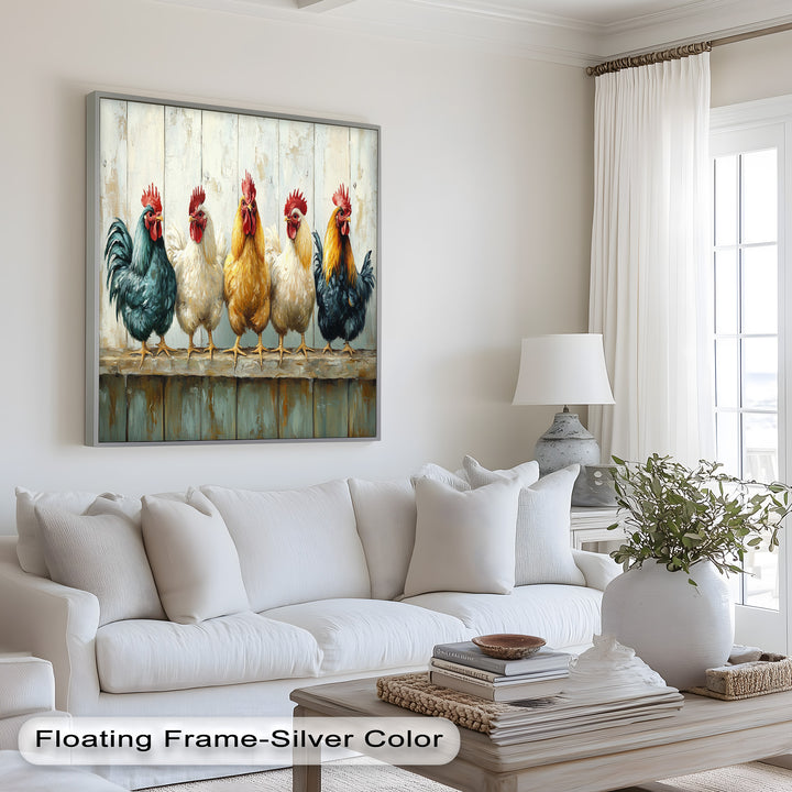 Colorful Roosters on a Wooden Fence – Animal Oil Painting