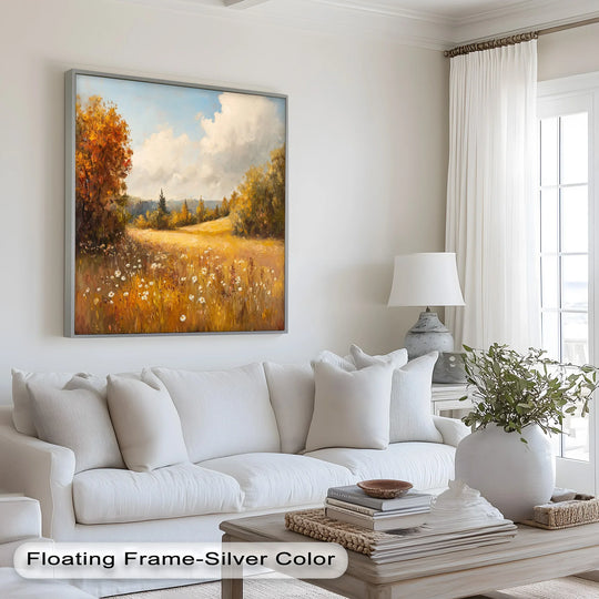 Highlighting the edge and borders of the silver floating frame surrounding this modern oil painting art of a tranquil autumnal landscape scene.