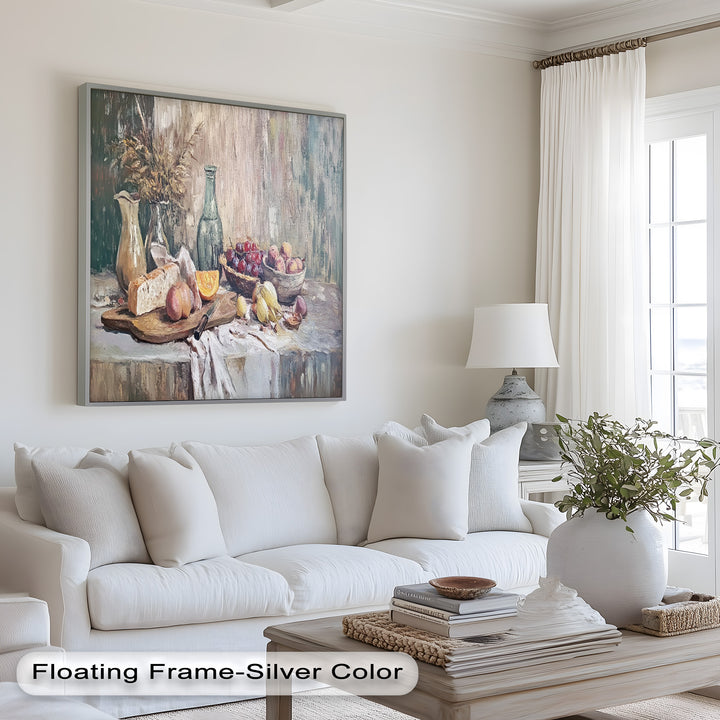 Rustic Fruit & Bread Still Life – Framed Oil Painting