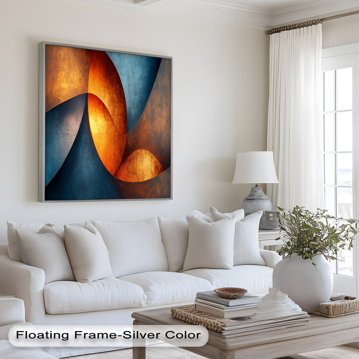 Dynamic abstract composition with metallic orange highlights and cool blue contrasts.
