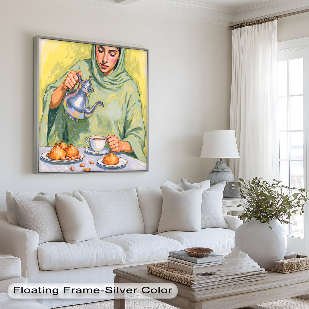 Woman Pouring Tea with Traditional Sweets - Food Painting