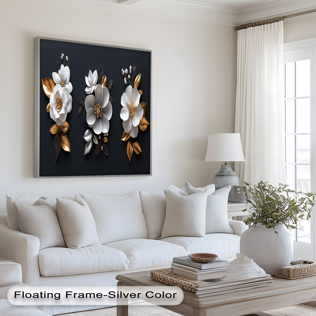 Chic floral composition with radiant gold details and textured white blooms.
