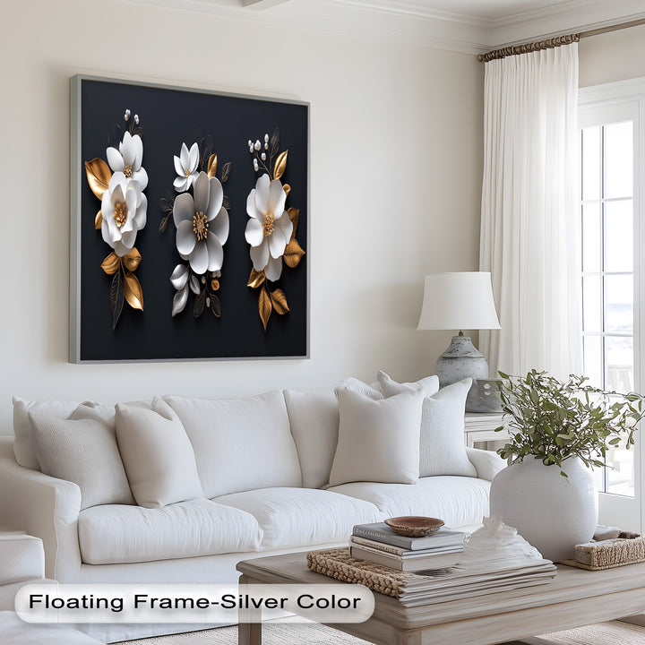 Chic floral composition with radiant gold details and textured white blooms.
