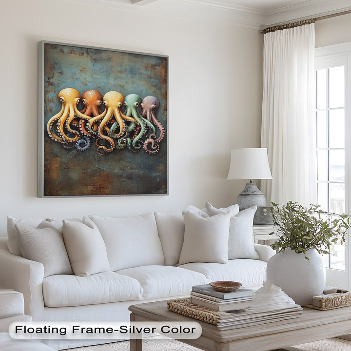 Whimsical Row of Octopuses – Colorful Sea Life Animal Oil Painting