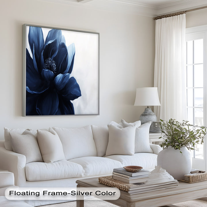 Midnight Bloom Wall Art – Navy Blue Floral Oil Painting