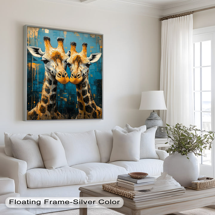 Zwei Giraffen in blauer abstrakter Harmonie - Tierölgemälde
