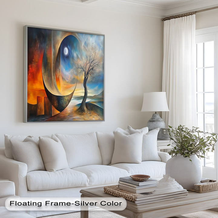 Moonlit Tree and Surreal Horizon - Abstract Oil Painting