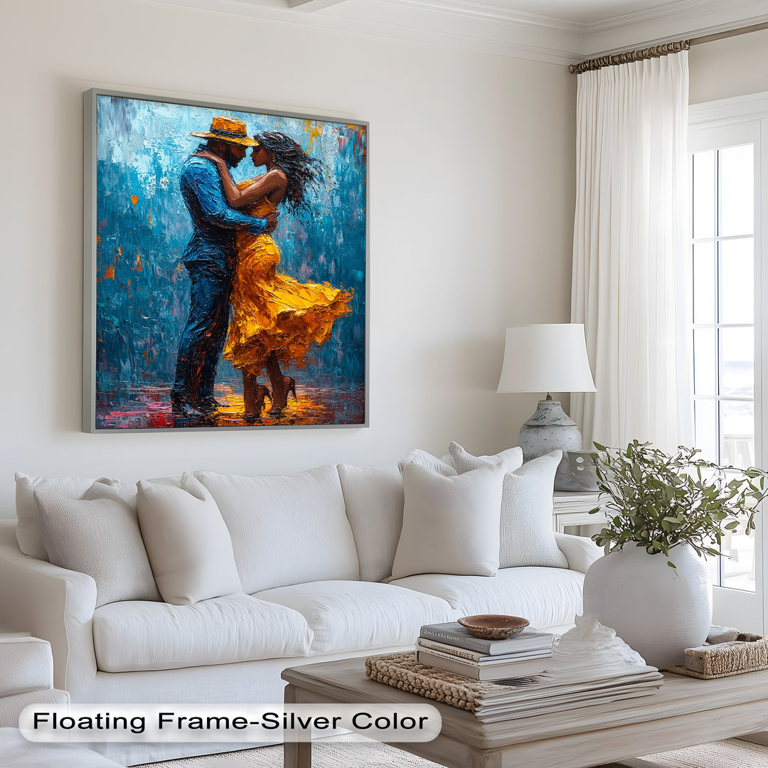 Midnight Embrace – Vibrant Couple in Yellow Dress Oil Painting