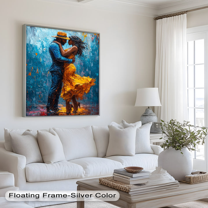 Midnight Embrace – Vibrant Couple in Yellow Dress Oil Painting