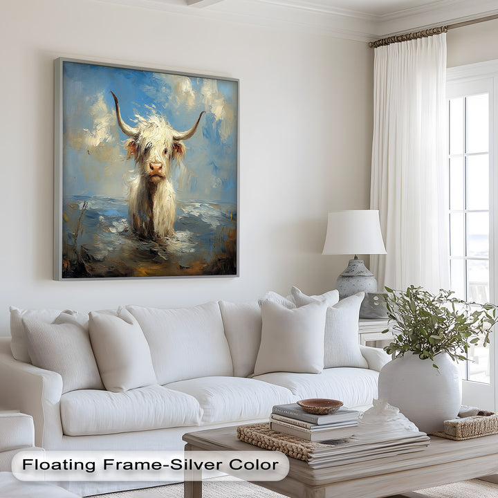 Highland Cow in Coastal Waters – Animal Oil Painting