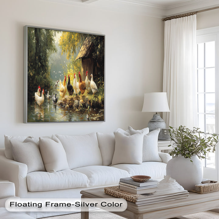 Country Farmyard Chickens by the Stream – Animal Oil Painting