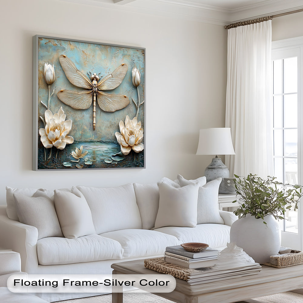 A beautifully sculpted nature-inspired wall art piece showcasing a delicate dragonfly and blooming water lilies in a soft, earthy color palette.
