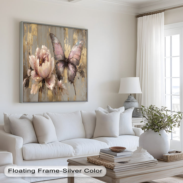 Charming nature painting with a rose-toned butterfly and lush floral detail.
