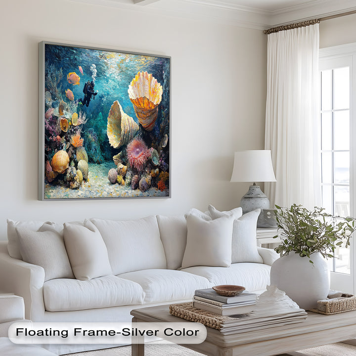 Diver Exploring Coral Reefs with Giant Shells - Animal Oil Painting