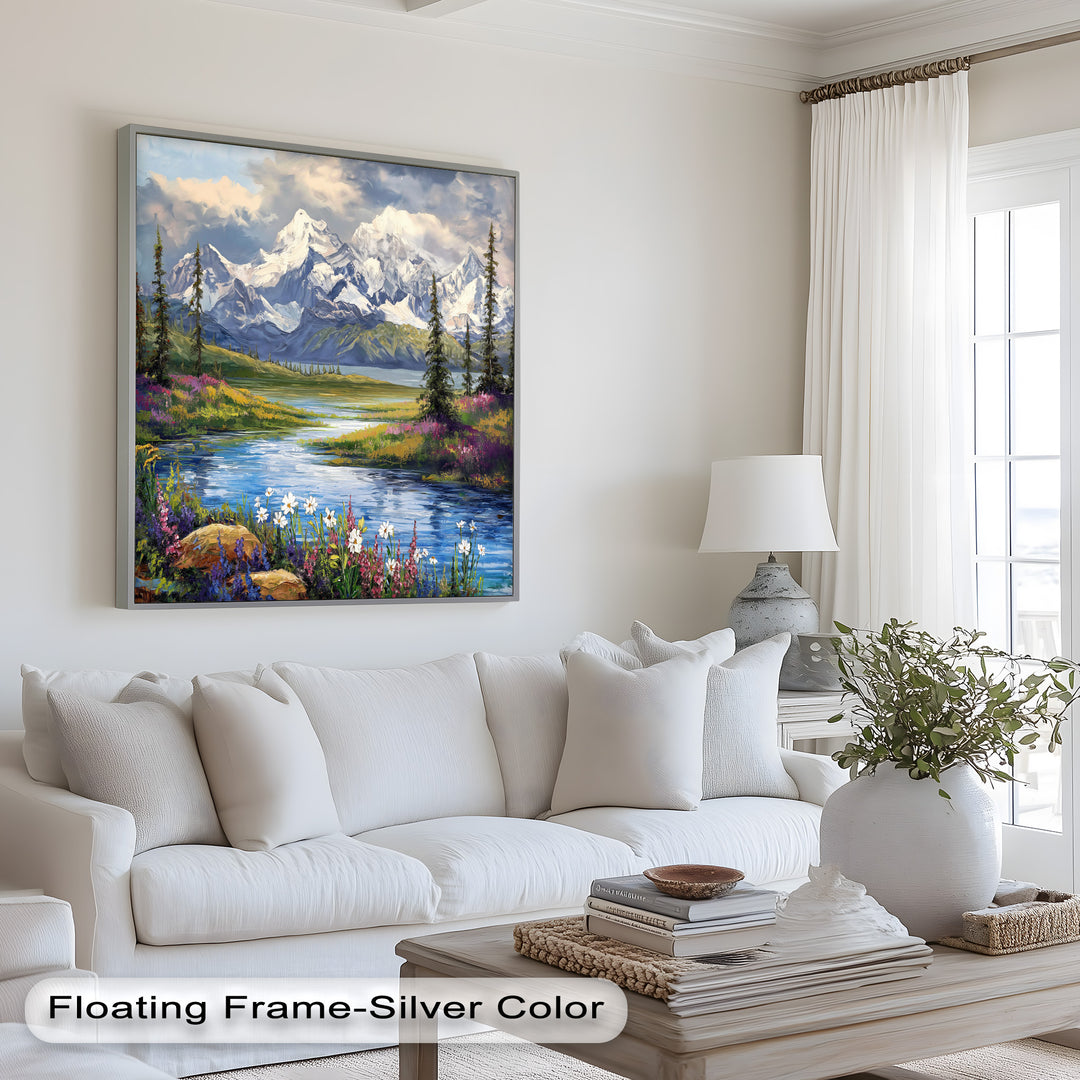 Vintage Mountains & River – Framed Oil Painting