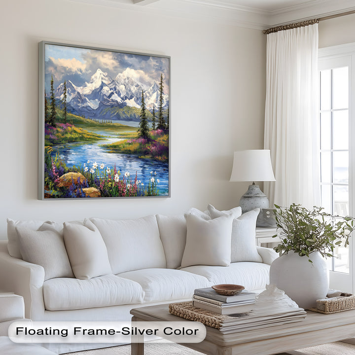 Vintage Mountains & River – Framed Oil Painting