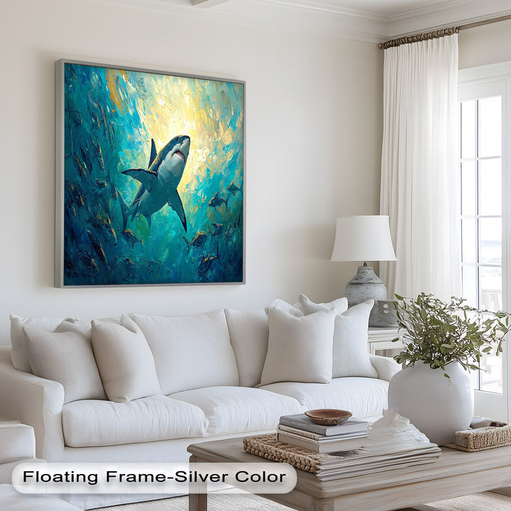 Great White Shark in Sunlit Ocean Depths – Animal Oil Painting