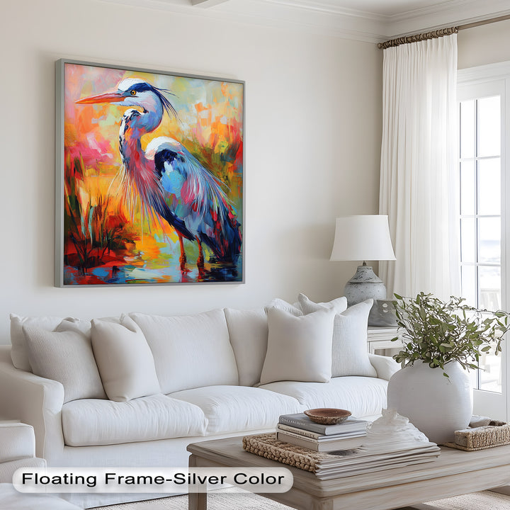 Colored Heron in Abstract Color Splash – Animal Oil Painting
