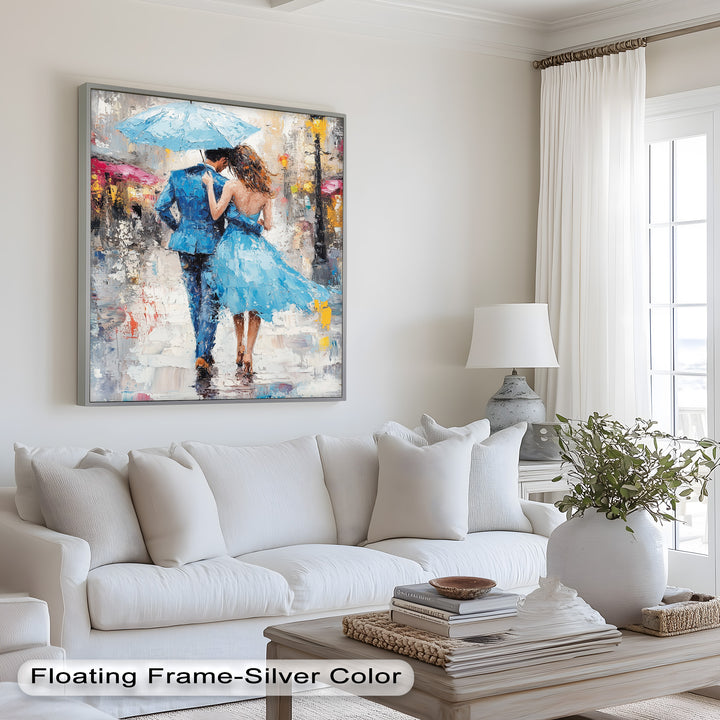 Romantic Couple Strolling in Rain - Love Oil Painting