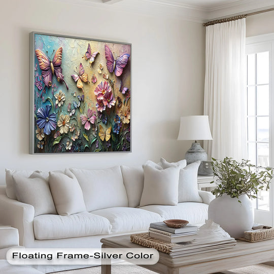 Brilliant color saturation emphasizes the textures and depth in this butterflies abstract floral oil painting artwork with a nature-themed and colorful scene.