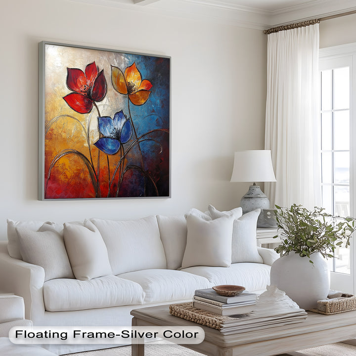 Eternal Bloom – Red, Yellow, and Blue Floral Oil Painting