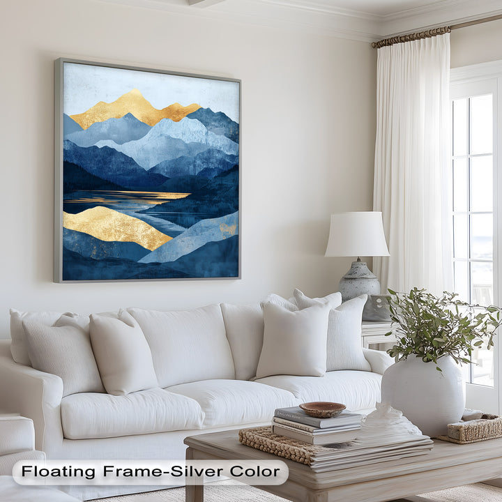 Golden Horizon – Abstract Blue Mountain Landscape Oil Painting