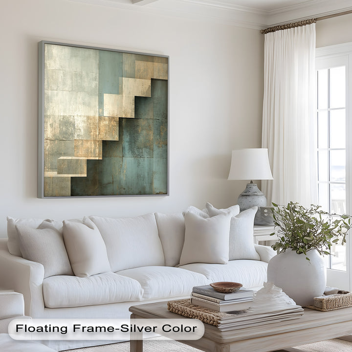 Geometrische Schritte Abstrakt – Blau &amp; Beige Modernes Ölgemälde
